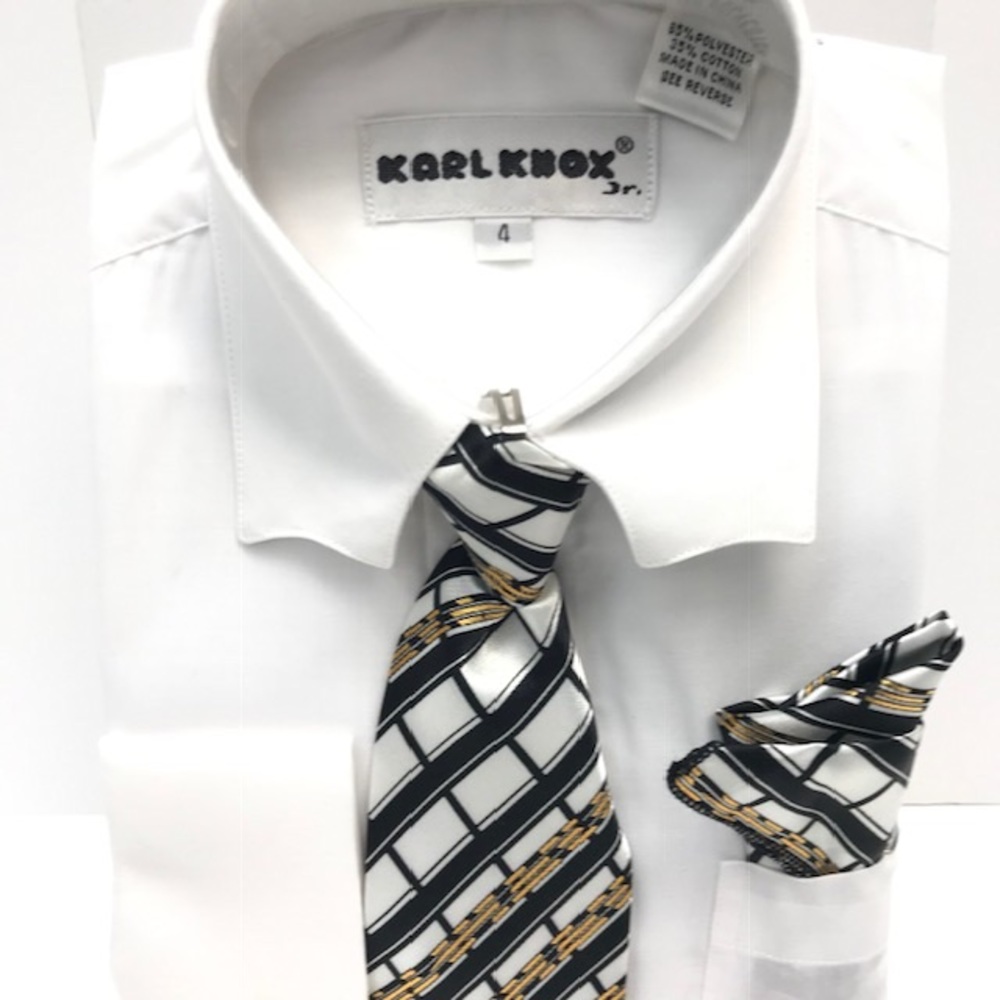 Karl Knox Boys White Dress Shirt White Black Gold Tie Hanky Set Size 4